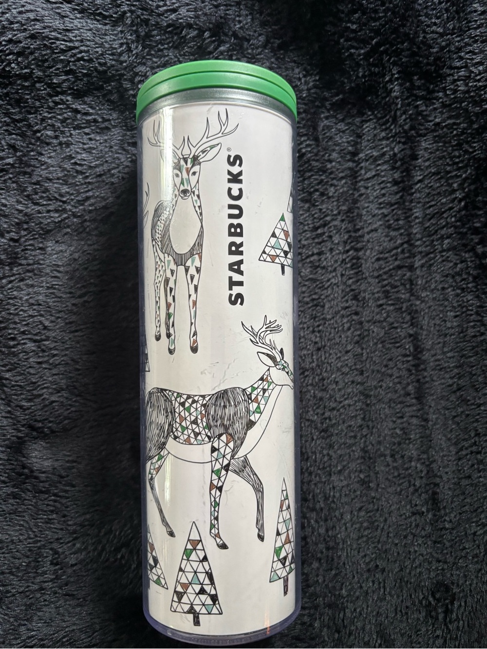 Starbucks White Tumbler with Green Lid and Geometric Deer